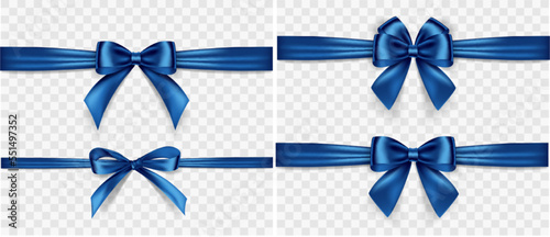 Set of satin decorative blue bows with horizontal ribbon isolated on white background. Vector blue bow and ribbon
