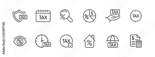 Taxes set icon. Tax protection, pay, money, financial management, taxpayer, aim, bomb, percent, eye, transparent. Business concept. Vector black line icon on a white background