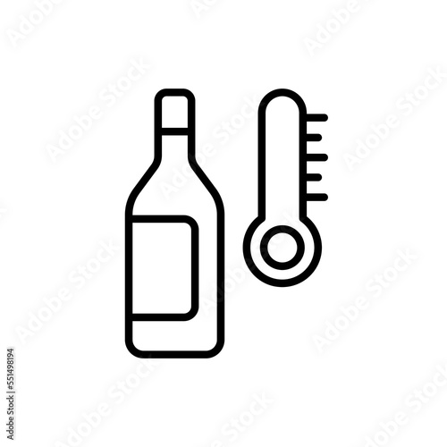 Bottle of wine with thermometer. Drink, glass, alcohol aging, beverage, alcohol, have a rest, taste. Entertainment concept. Wine concept. Vector black line icon on a white background