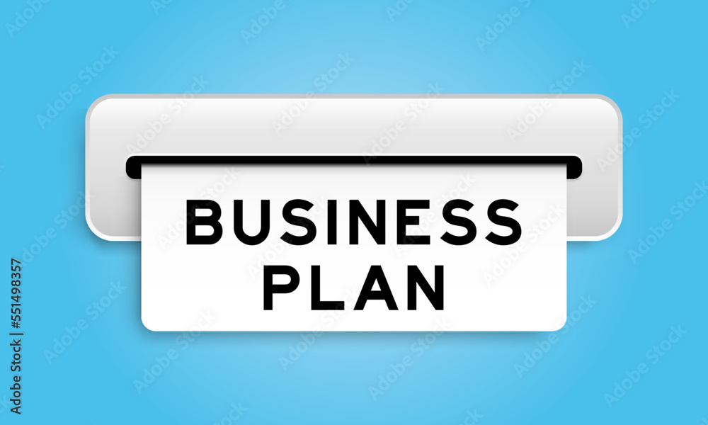 White coupon banner with word business plan from machine on blue color background White coupon banner with word business plan from machine on blue color background