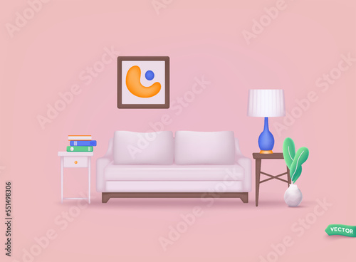 Interior design landing page. Cozy home apartment furnished in 3d furniture objects. 3D Web Vector Illustrations.