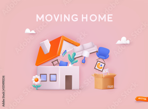 Moving home. Open cardboard box with furniture armchair, chair and table lamp, move and delivery concept. 3D Web Vector Illustrations.