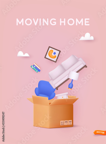 Open cardboard box with furniture armchair, chair and table lamp, move and delivery concept. 3D Web Vector Illustrations.