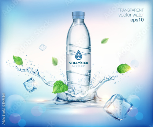 Transparent realistic vector mineral water plastic bottle with water splash, drops and ice cubes on blue background 