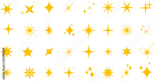 Set of sparkles star icons.Christmas star png icon.Bright firework.Light icon set.Flash,shine sparkle icon,glare,blink star.Golden and yellow star icons isolated on white background.