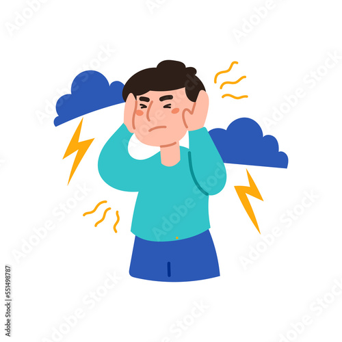 Man near clouds and lightning. Bad feeling, chills, trembling, paralysis, body temperature, fever, sweat, tachycardia, pulse, poor hearing, cough, dizziness. Flat style. Man on a white background