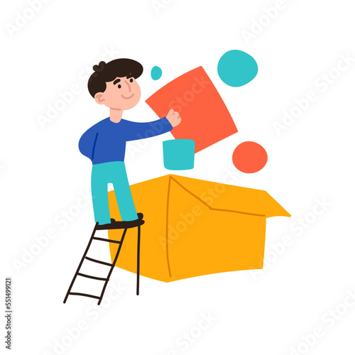 The boy arranges things in a box. Packs things for a move or for a trip while on vacation. Throws out garbage, takes care of the environment, recycles, brings order to the house. Flat style.