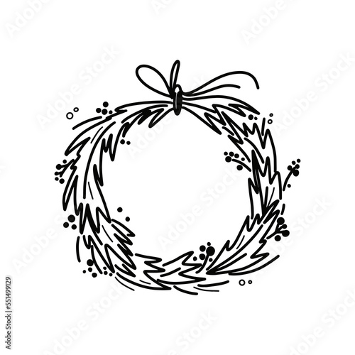 Christmas doodle wreath. Line vector holiday illustration.