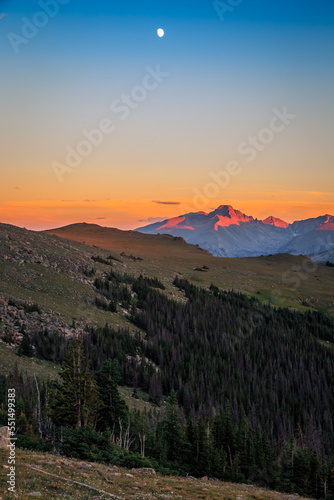 Twilight on Longs Peak and Rocky Mountain Range, Rocky Mountain National Park, Colorado