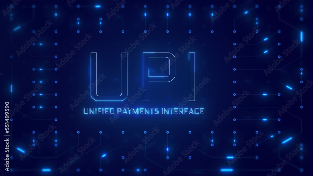 UPI concept neon circuit board design or computer semiconductor design. Unified Payments Interface concept
