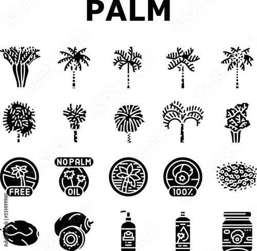 palm oil tree leaf plant icons set vector. summer white coconut, green nature, beach exotic, branch forest, tropical foliage palm oil tree leaf plant glyph pictogram Illustrations