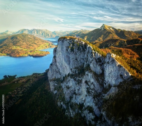 Aerial view of the mountains in the Drachenwand and lake Mondsee photo