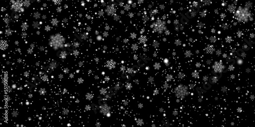 Falling winter heavy snow snowflakes on black background. Vector