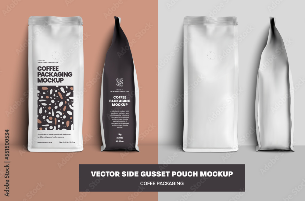 Wall Mural Vector coffee pouch gusset mockup with degassing valve, side, front view, white package and with modern design, ready to use