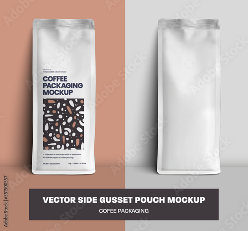 Mockup of vector coffee pouch gusset with degassing valve, white package with modern design, with place for pattern, branding.