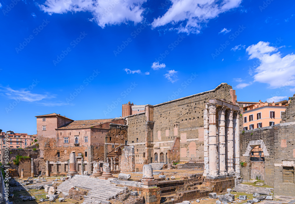 Fototapeta premium Forum of Augustus in Rome, Italy: view of the ruins of Temple of Mars Ultor (Mars the Avenger).