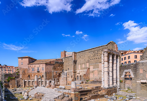 Forum of Augustus in Rome, Italy: view of the ruins of Temple of Mars Ultor (Mars the Avenger).