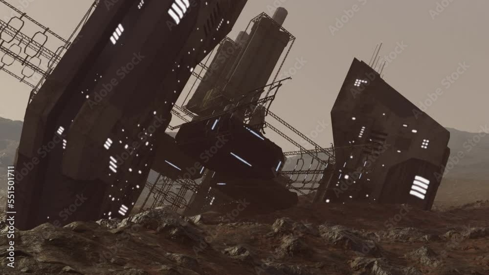 Animation of details of crashed alien space ship on Mars surface of the planet