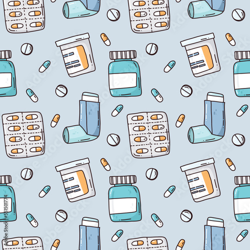 hand drawn seamless pattern with cartoon medicines