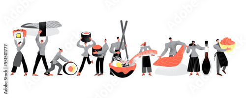 Collection of vector illustrations of Japanese cuisine chefs. Men and women with sushi, rolls and soup