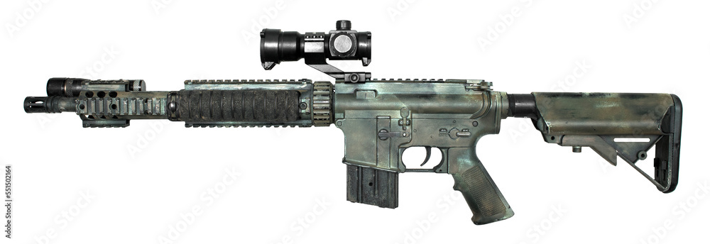 Red dot sight on ar rifle weapon isolated on white background