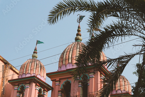 Hindu temple domes with flags and palm trees. photo