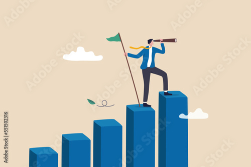 Vision to see next goal, motivation to success, forecast and business prediction, challenge to be better and achieve success concept, confidence businessman step on rise up graph look for next goal. photo