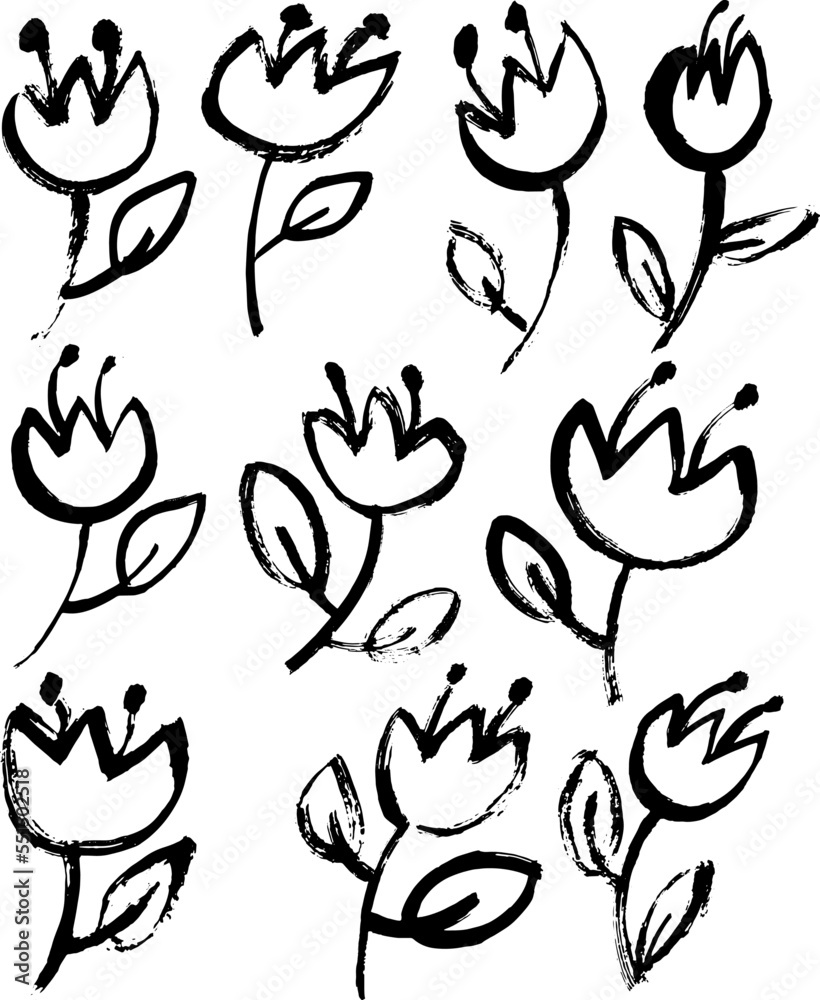 Grunge Dry Brush Vector Flowers Set. Grunge Dry Brush Vector Flowers Set.