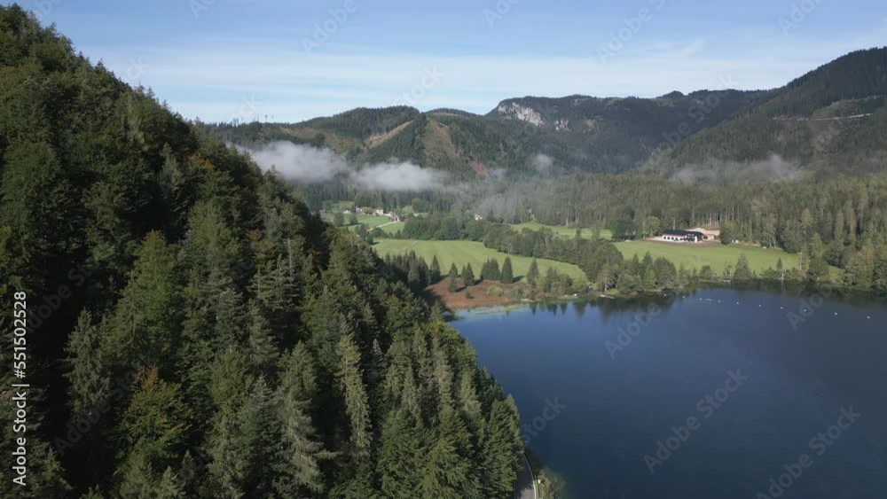Drone flying along Austrian lake, Erlaufsee, near Mariazell. Beautiful landscape, lake in the mountains, aerial perspective, in 4k, 24fps. Peaceful scenery, blue fresh water, forests and green grass. Drone flying along Austrian lake, Erlaufsee, near Mariazell. Beautiful landscape, lake in the mountains, aerial perspective, in 4k, 24fps. Peaceful scenery, blue fresh water, forests and green grass.