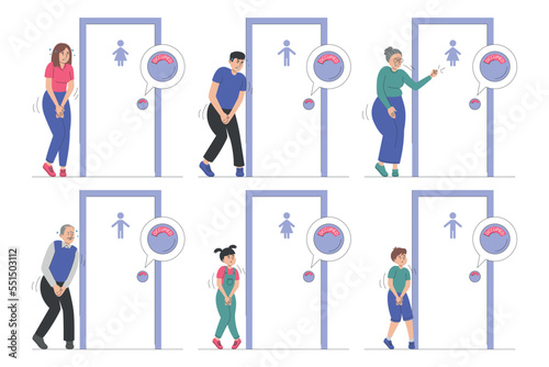 Set of people who wants to pee and standing at the closed toilet door vector isolated. Occupied WC, male and female character need to urinate. Funny characters with full bladder.