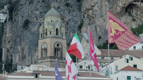 Bell Tower Of Cathedral of Amalfi - Cathedral of Sant'Andrea In Amalfi, Campania, Italy. - wide photo