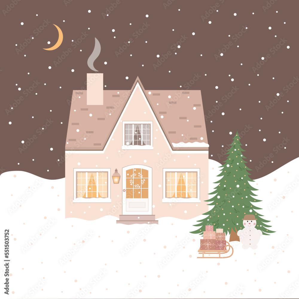 House whit snow, christmas tree, snowman