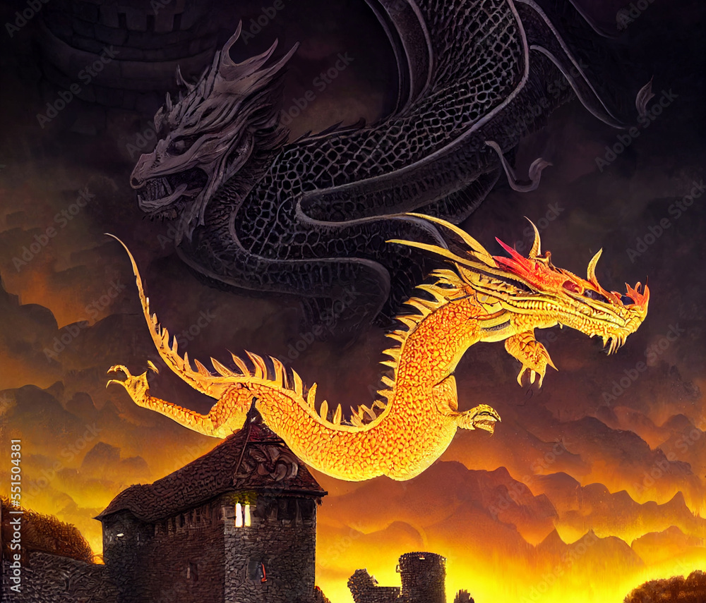 Evil fire dragon guards ancient castle. Evil fire dragon guards ancient castle.