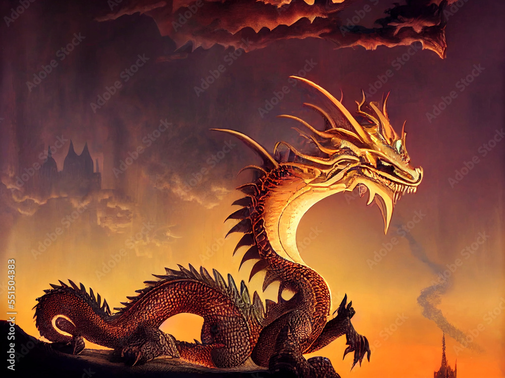 Evil fire dragon guards ancient castle.