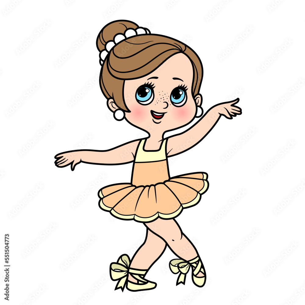 Cute cartoon little ballerina girl dance in lush tutu and in in pointe color variation for coloring page isolated on a white background