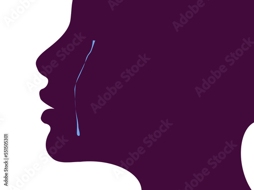 Crying woman. Minimalist silhouette of a woman face. A tear falling on the cheek. Sadness concept art. Vector.