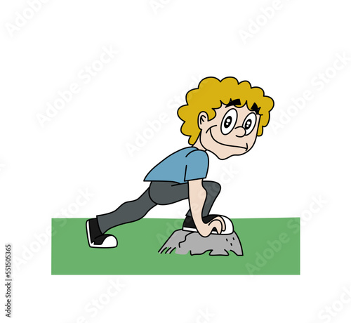 Cute happy boy, kid character smiling stretching on a rock, stone. Colourful cartoon style vector illustration isolated on white background.