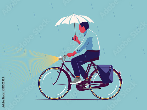 Man with an umbrella riding a bicycle in a rainy day illustration. Cyclist on the street. Sustainable mode of transport.