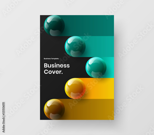 Modern leaflet vector design layout. Vivid 3D spheres company identity illustration.