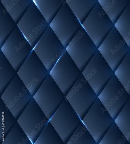 Seamless illustration of blue background with shiny geometric grid. Rhombic pattern with light sparkles. Realistic abstact texture with polygonal alozenge shadows. 