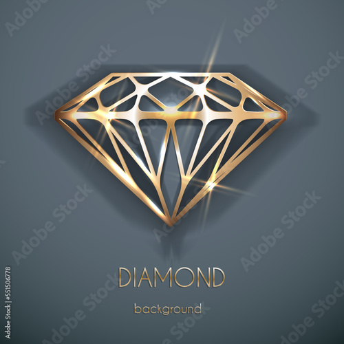 Abstract luxury template with gold diamond outlined shape - eps10 vector background. Shiny golden gemstone 3d realistic icon. Metal jewel illustration with sparkles.