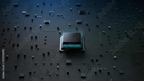 3D Rendering animation of Cpu chip set landing to install on mainboard electronic printed circuit board. The central processing unit for technology and future concept. Micro processor