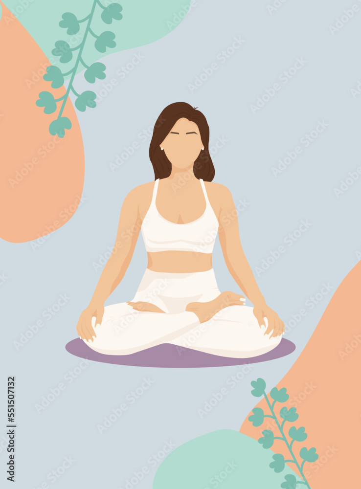 Yoga woman brunnet. Healthy lifestyle concept,  sport. Relax, meditation. Happy lifestyle.Illustration on the abstract background  in a simple style.fitness woman no face with brows