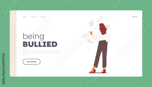 Bullying at Work, Stressed Workaholic Employee Landing Page Template. Tired Overloaded Business Woman Throw Out Papers