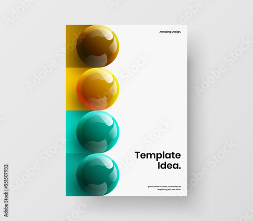 Geometric realistic spheres cover layout. Abstract corporate brochure A4 design vector concept.