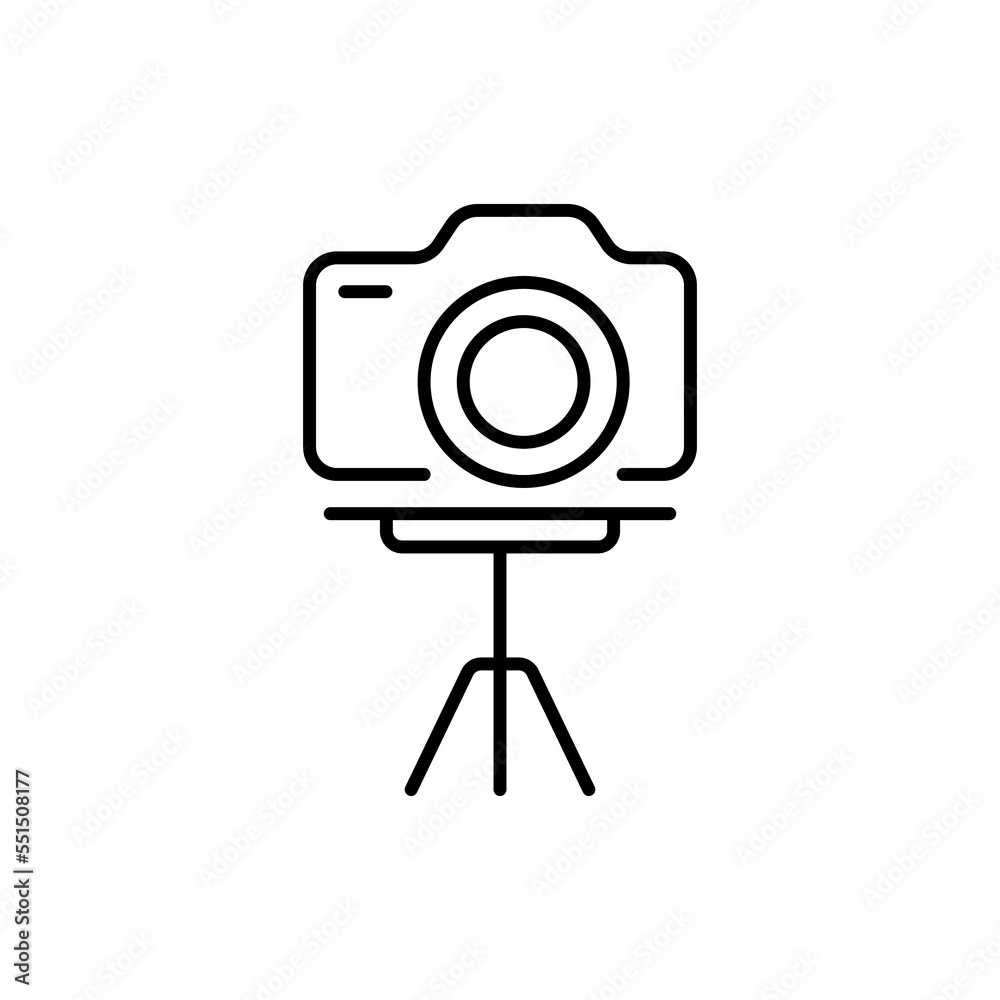 Camera line icon. Photo, film, camera lens, tripod, cinema, video, filming, photo processing, color correction, exposure, contrast. Electronics concept. Vector black line icon on a white background Camera line icon. Photo, film, camera lens, tripod, cinema, video, filming, photo processing, color correction, exposure, contrast. Electronics concept. Vector black line icon on a white background