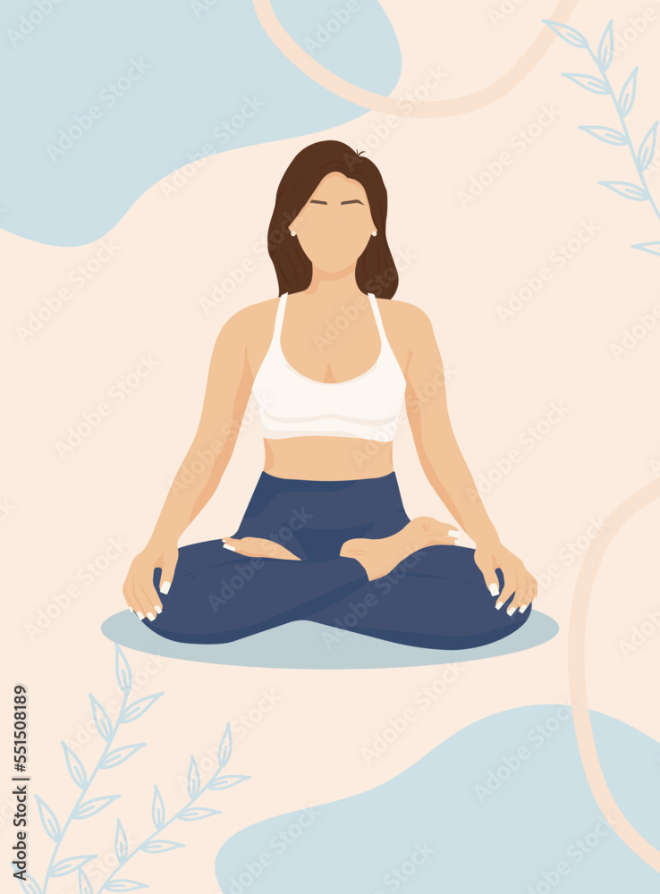 Yoga for lifestyle design. Healthy lifestyle, sports. health activities. lotus pose. fitness woman no face with eyebrows. Abstract background