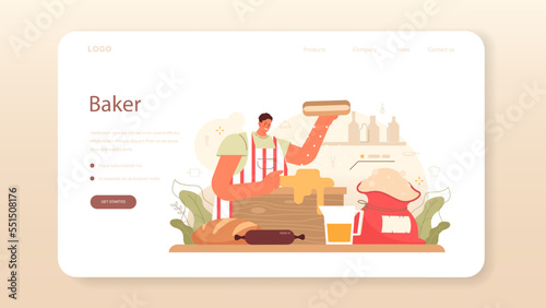 Baker web banner or landing page. Chef in the uniform baking