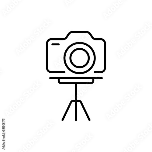 Camera line icon. Photo, film, camera lens, tripod, cinema, video, filming, photo processing, color correction, exposure, contrast. Electronics concept. Vector black line icon on a white background