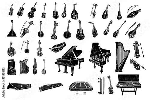 Set of stringed musical instruments. Classical orchestra. Art sound tool and acoustic symphony. Stringed fiddle wooden equipment vector illustration